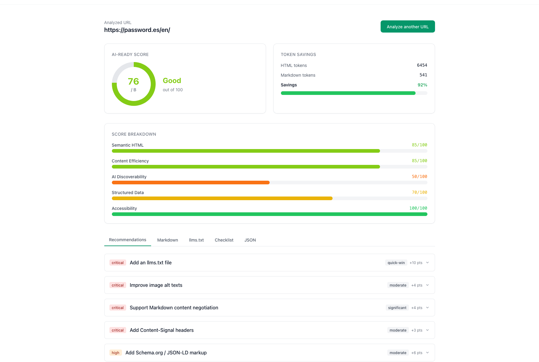AgentReady.md analysis of password.es — Score 76/100 Grade B